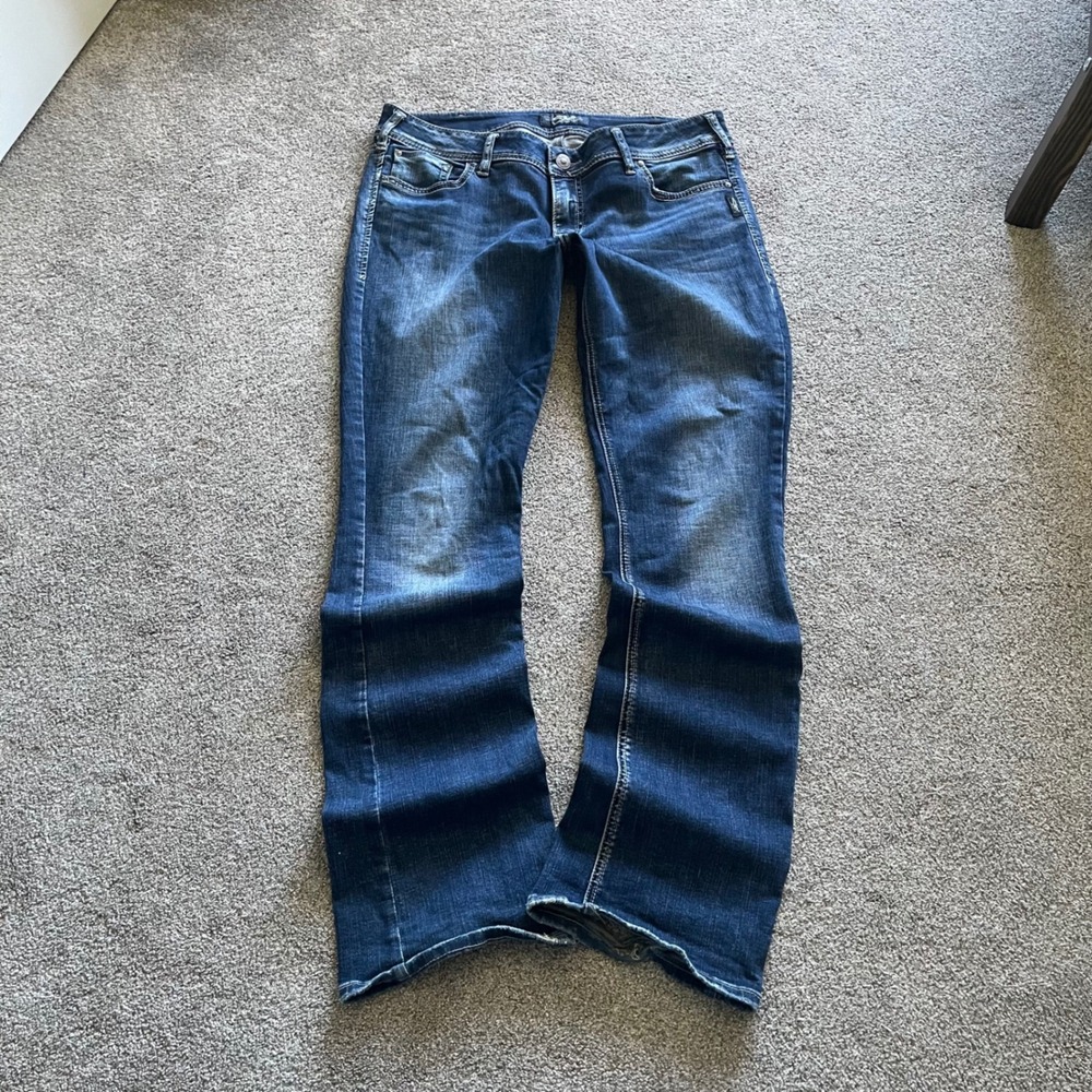 Y2K Women's Silver Jeans Elyse Slim Boot 36x32 Blue Fair Distressed BootcutDenim